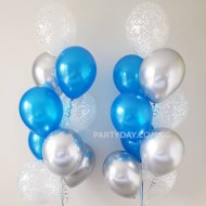 Confetti Balloon Bouquet with 9 Balloons - Blue & Chrome Silver Color