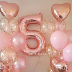 Confetti Balloon Bouquets with Number Foil Balloon - Heart, Pink & Rose Gold Color