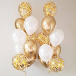 Confetti Balloon Bouquet with 9 Balloons - White & Chrome Gold Color