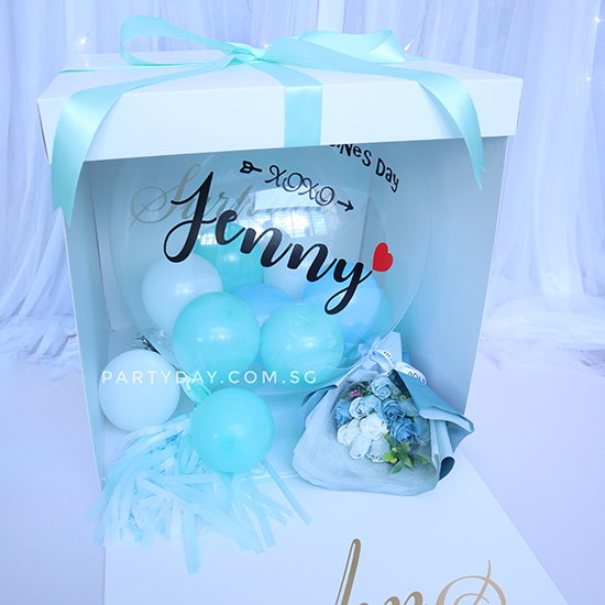 Balloon Surprise Box with artificial flower bouquet